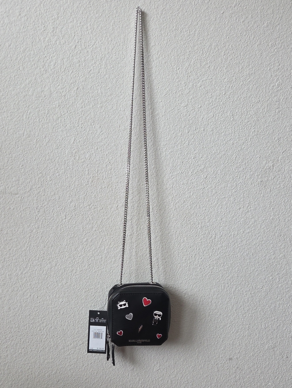 Karl Lagerfeld Black Mini Crossbody Chain Strap Bag with Heart Accents NWT